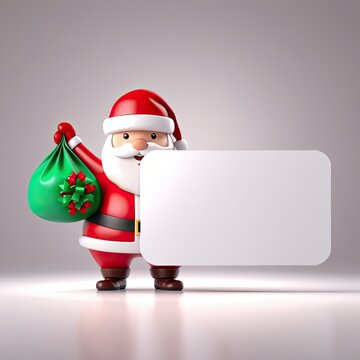 cute cartoon Santa Claus holding gift bag with blank board