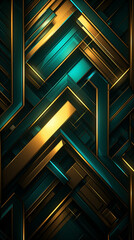 Neon light design showcasing a series of teal and gold geometric patterns on a modern 3D background