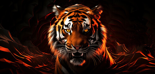 Neon light design showcasing a series of orange and black tiger stripes on a wild 3D background