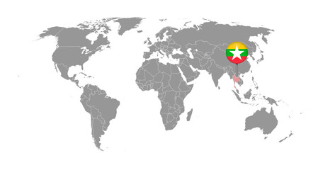 Pin map with Myanmar flag on world map. Vector illustration.