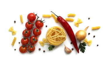 Cherry tomatoes, pasta and hot peppers lie on a white background.