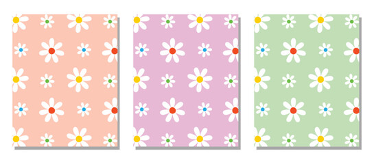 White chamomiles and daisy flowers with pastel colors background. Floral vector seamless patterns collection. Best for textile, wallpapers, wrapping paper, package and home decoration