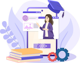 Mobile learning illustration. Concept of mobile learning, e-learning and online courses application. Education and back to school.