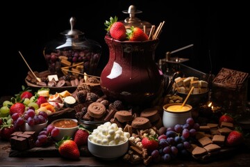 Exquisite and decadent chocolate fondue fountain with a variety of dippable treats, a luxurious and interactive dessert concept for special occasions