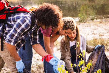 This image captures a moment of environmental stewardship, as a diverse group of volunteers engage...