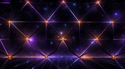 Neon light graffiti featuring a lattice of purple and gold stars on a night sky 3D background