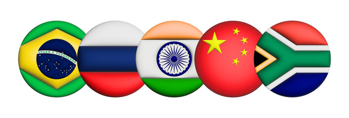3D Flag of BRICS on an avatar circle. BRICS is a grouping of the world economies of Brazil, Russia, India, China, and South Africa. - 692976706