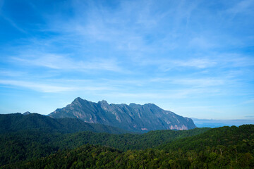 Fototapeta premium Beautiful landscape of Doi Luang Chiang Dao Mountain Peak on viewpoint in the National Park in the morning with green natural forest at Chiang Dao District, Chiang Mai, Thailand.