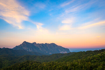 Beautiful landscape of Doi Luang Chiang Dao Mountain Peak on viewpoint in the National Park in the morning with green natural forest at Chiang Dao District, Chiang Mai, Thailand.