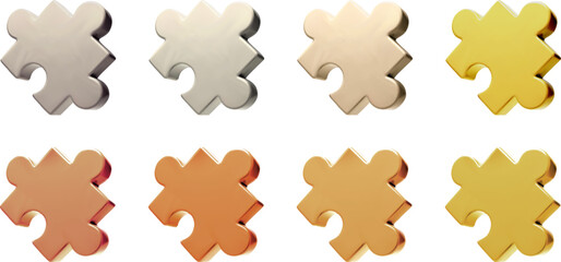 3d puzzle of gold, platinum and silver. Metallic luxury jigsaw piece vector isolated render. Problem solving team work concept illustration on white background.