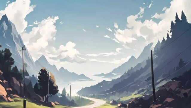 cartoon style video of river views on mountains