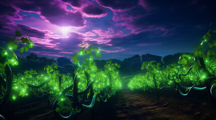 Neon light graffiti featuring a network of green and silver vines on a vineyard 3D background