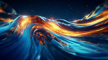 Vibrant neon light graffiti with a burst of blue and gold waves on an oceanic 3D surface