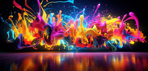 Vibrant neon light graffiti with abstract, multicolored splashes on a splashy 3D surface - obrazy, fototapety, plakaty