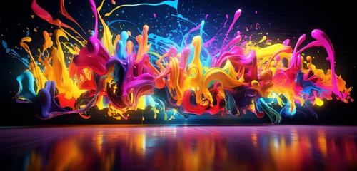 Rolgordijnen Vibrant neon light graffiti with abstract, multicolored splashes on a splashy 3D surface © Johnny since  
