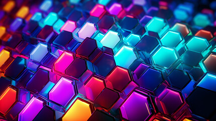 Vibrant neon light graffiti with abstract, multicolored hexagons on a geometric 3D surface