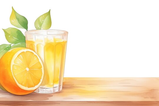 Glass of orange Juice on a wood surface - Watercolor illustration - creative abstract paint strokes - white background