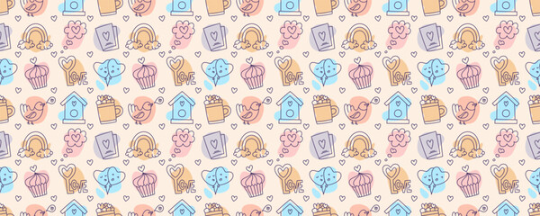 Valentines Day doodle style candy color seamless pattern, hand-drawn love theme icons cute background. Romantic mood collection.