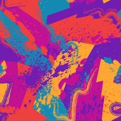 Seamless abstract urban geometric pattern with curved elements, grunge splatters