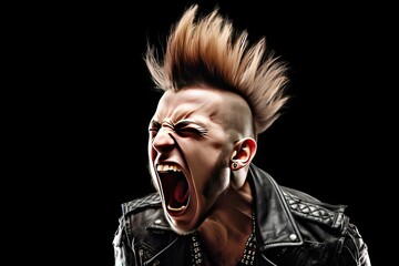 screaming rocker punk young Angry 20s adult anger background delinquent enraged fashion furious fury gangster guy coiffure isolated jacket leather lifestyle loud mad male man misunderstood mohawk 1 - obrazy, fototapety, plakaty