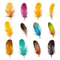 Collection of colorful feathers isolated on transparent background Generative AI	