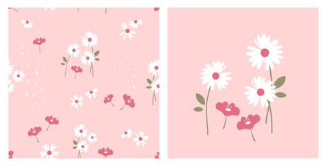 Fototapeta na wymiar Seamless pattern with daisy flower and cute flower on pink background vector illustration. Daisy icon sign.