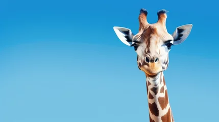 Gardinen Comic Giraffe Head on Blue Sky Background - Funny and Cute Animal from African Savanna © AIGen
