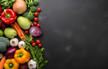 Obraz na płótnie Canvas Fresh raw vegetables with black beans on a black chalkboard top view