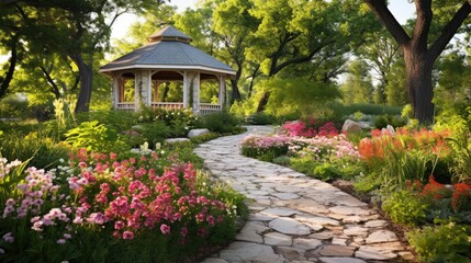 Explore the Beauty of a Wildflower Garden with a Pathway Leading to a Cozy Gazebo - Landscaping and Gardening at Its Best