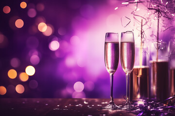 Elegant Celebration Concept: Sparkling Champagne Flutes with Festive Background - Luxury Toasting, New Year's Eve Party, Romantic Celebration, Bubbly Beverage, Glittering Lights, Party Ambiance