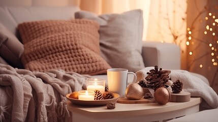 Fototapeta na wymiar Modern winter hygge Christmas set in living room. pastel beige light interior elements, soft pillows, plaid on sofa with aroma candle