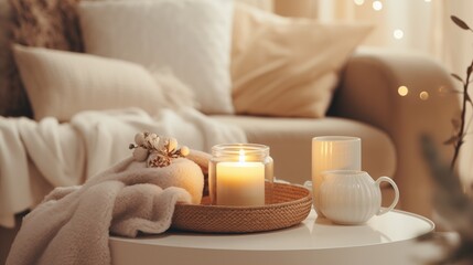 Fototapeta na wymiar Modern winter hygge Christmas set in living room. pastel beige light interior elements, soft pillows, plaid on sofa with burning aroma candle