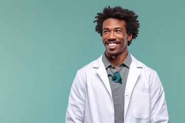 confident Laughing expression natural face smile side away looking background isolated man scientist doctor american Afro black young adult african curly psychologist counselor healer coat white - obrazy, fototapety, plakaty