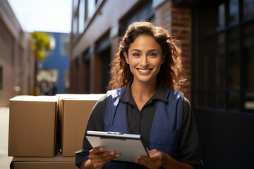 Positive female worker in uniform with checklist managing parcel boxes in warehouse. Young Caucasian woman employee holding tablet working in logistic industry. Import-export delivery concept. - obrazy, fototapety, plakaty