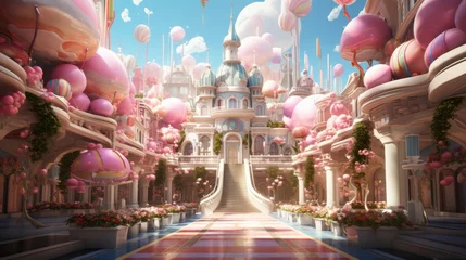 Fotobehang Wonderful fantasy pink castle for fairytale princess. Elegant towers, columns and stairs decorated with giant lollipops, candies and sweets. A fairytale dream castle for all little children. © Fat Bee