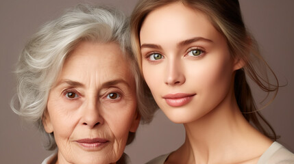 Beautiful mature and young women face to face. Cosmetic procedures for aging skin skin body care healthy lifestyle concept - obrazy, fototapety, plakaty