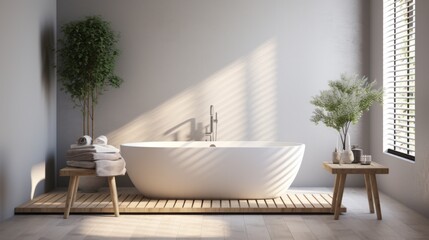 Interior of modern minimalist bathroom in luxury home or apartment. Light grey walls, freestanding bathtub, wooden cabinet with countertop sink, indoor plants, large panoramic window. Mockup. - obrazy, fototapety, plakaty