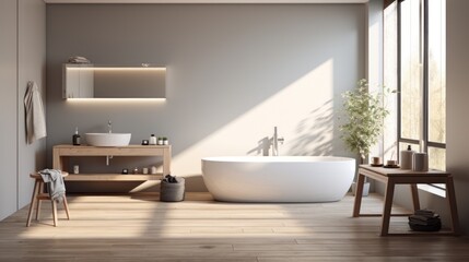 Interior of modern minimalist bathroom in luxury home or apartment. Light grey walls, freestanding bathtub, wooden cabinet with countertop sink, indoor plants, large panoramic window. Mockup.