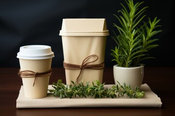 Catering and street fast food paper cups, plates, containers. Eco-friendly food packaging, wooden cutlery and paper eco bags on grey background. Zero waste and recycling concept.