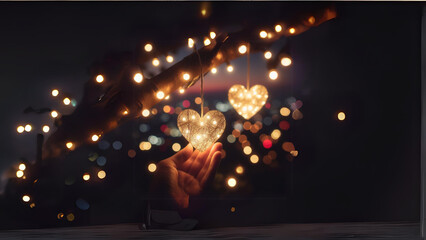 a couple of heart shaped lights hanging from a tree, a stock photo  shutterstock contest winner, romanticism, glowing lights, bokeh, stockphoto