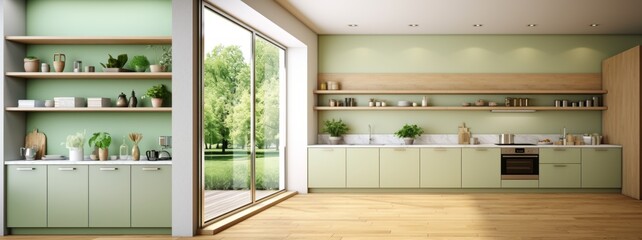 Fototapeta na wymiar Interior of minimalist pistachio kitchen in modern home or apartment. Pistachio walls and facades, open shelves with utensils, built-in home appliances, large panoramic windows. Mockup.