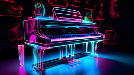Vibrant neon light graffiti with a series of black and white piano keys on a musical 3D surface