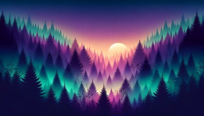Gradient color background image with an enchanted forest at twilight theme, featuring a blend of mystical purples and deep forest greens, capturing th