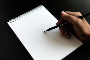 apple pencil drawing in a notebook and a pencil on a black table. Learning to draw a concept.