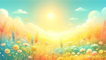 Fototapeta na wymiar Gradient color background image with a warm summer meadow theme, featuring a blend of sunny yellows, soft greens, and sky blues, capturing the vibrant