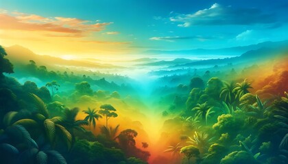 Fototapeta na wymiar Gradient color background image with a vibrant rainforest canopy theme, featuring a blend of rich greens, tropical yellows, and bright sky blues, capt
