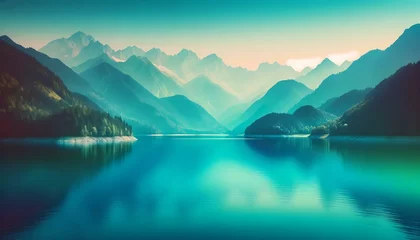 Foto op Plexiglas Gradient color background image with a serene alpine lake theme, featuring a blend of crystal clear blues and greens, capturing the peaceful and prist © Hans