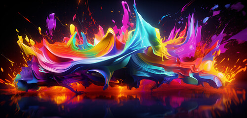Vibrant neon light graffiti with abstract, multicolored splashes on a splashy 3D surface
