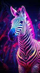 Vibrant neon light graffiti with a series of black and white zebra stripes on a savanna 3D surface