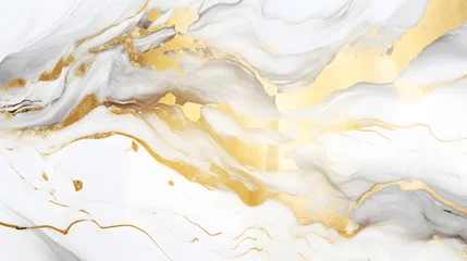Fotobehang White marble with golden veins. White golden natural texture of marble. abstract white, gold and yellow marbel. hi gloss texture of marbl stone for digital wall tiles design background. generative AI. © mhebub